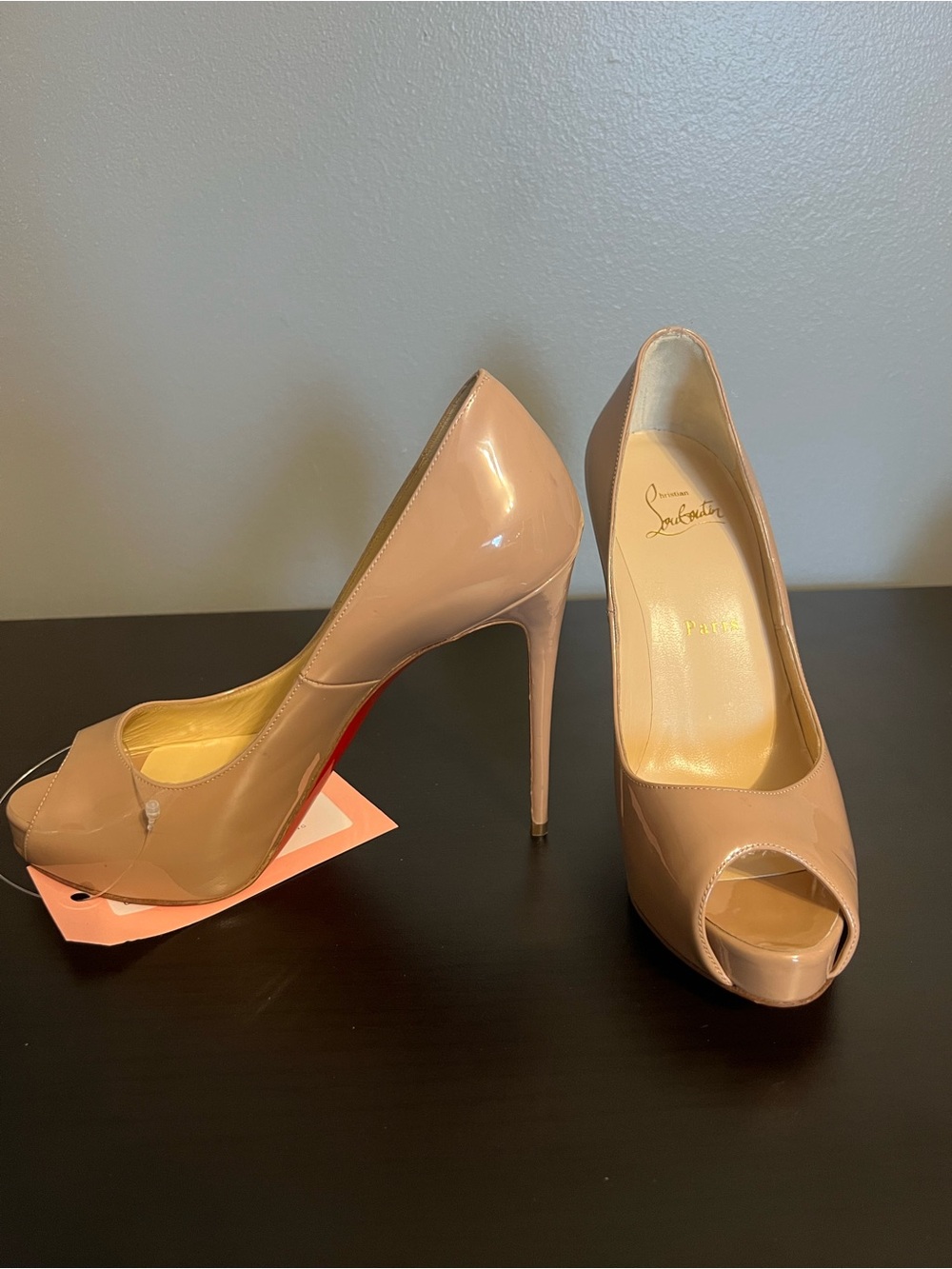 Christian Louboutin Nude Patent Peep-Toe Pumps with Red Sole (120mm)